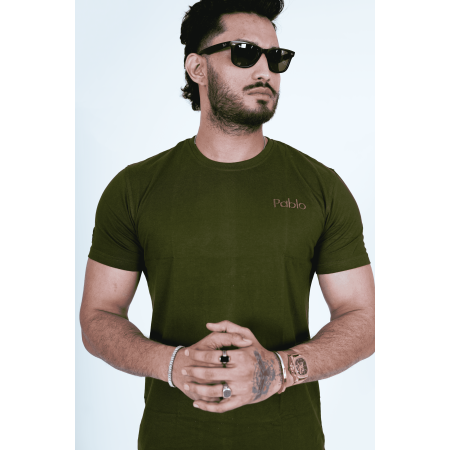 Military Green Round Neck T-Shirt – Stylish 'Pablo' Embroidery Detail