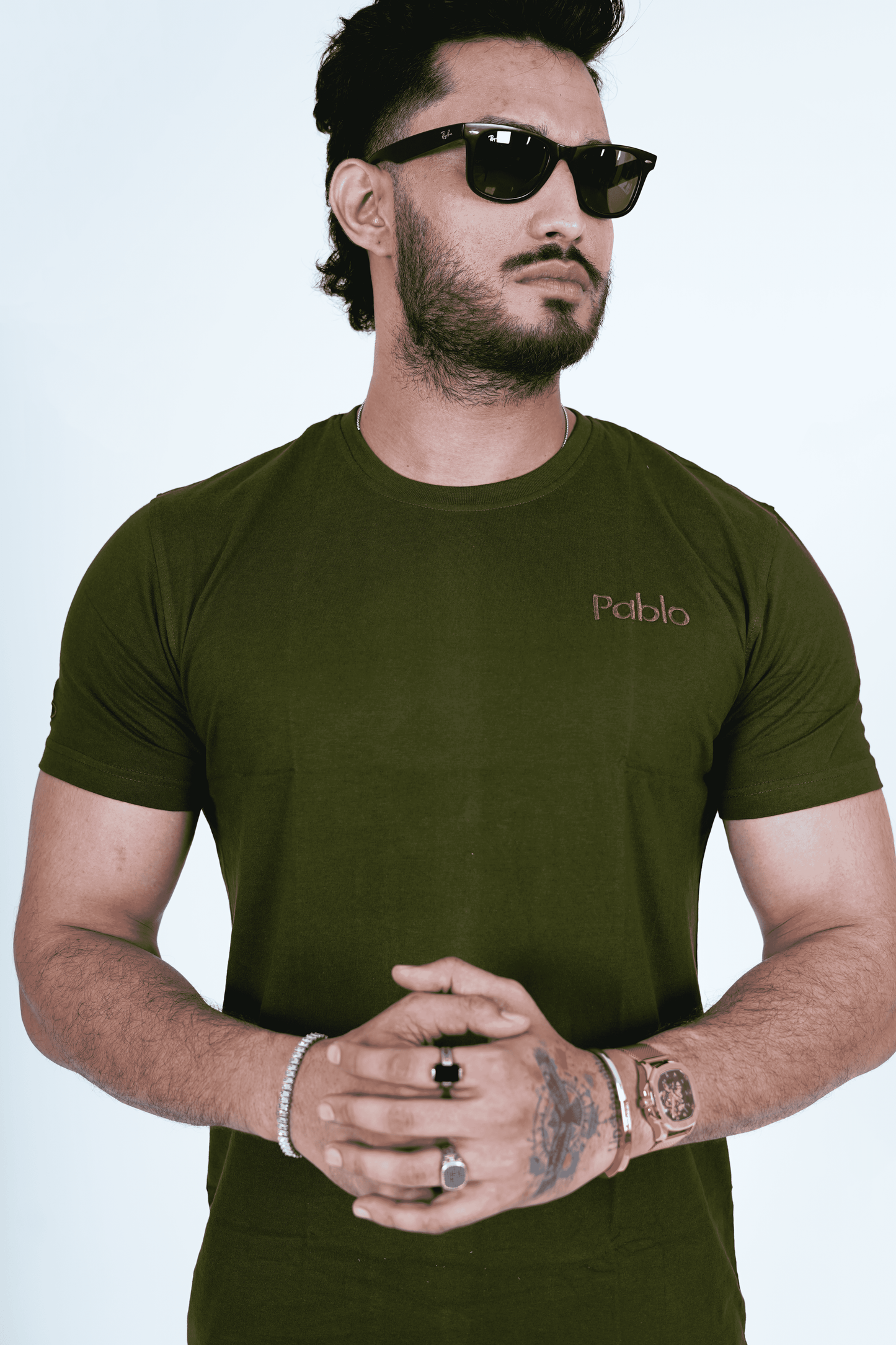 Military Green Round Neck T-Shirt – Stylish 'Pablo' Embroidery Detail