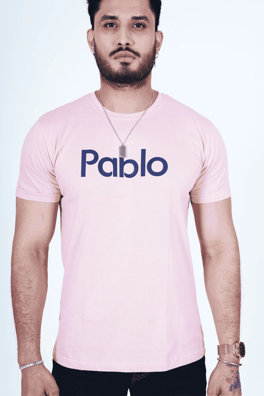 Baby Pink Round Neck T-Shirt – Stylish Navy Blue Print Casual Tee