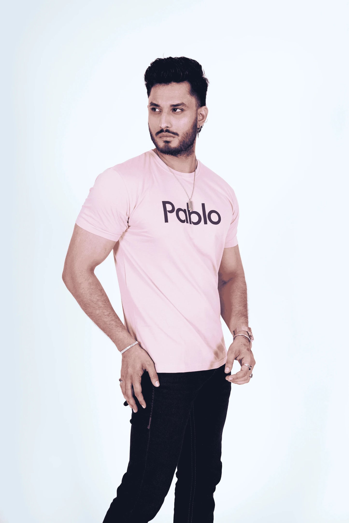 Baby Pink Round Neck T-Shirt – Stylish Navy Blue Print Casual Tee