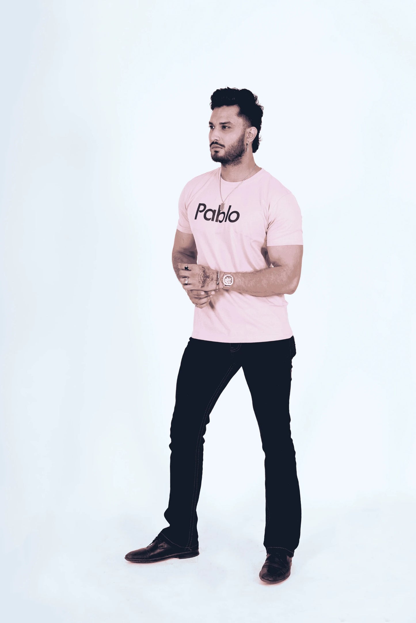 Baby Pink Round Neck T-Shirt – Stylish Navy Blue Print Casual Tee