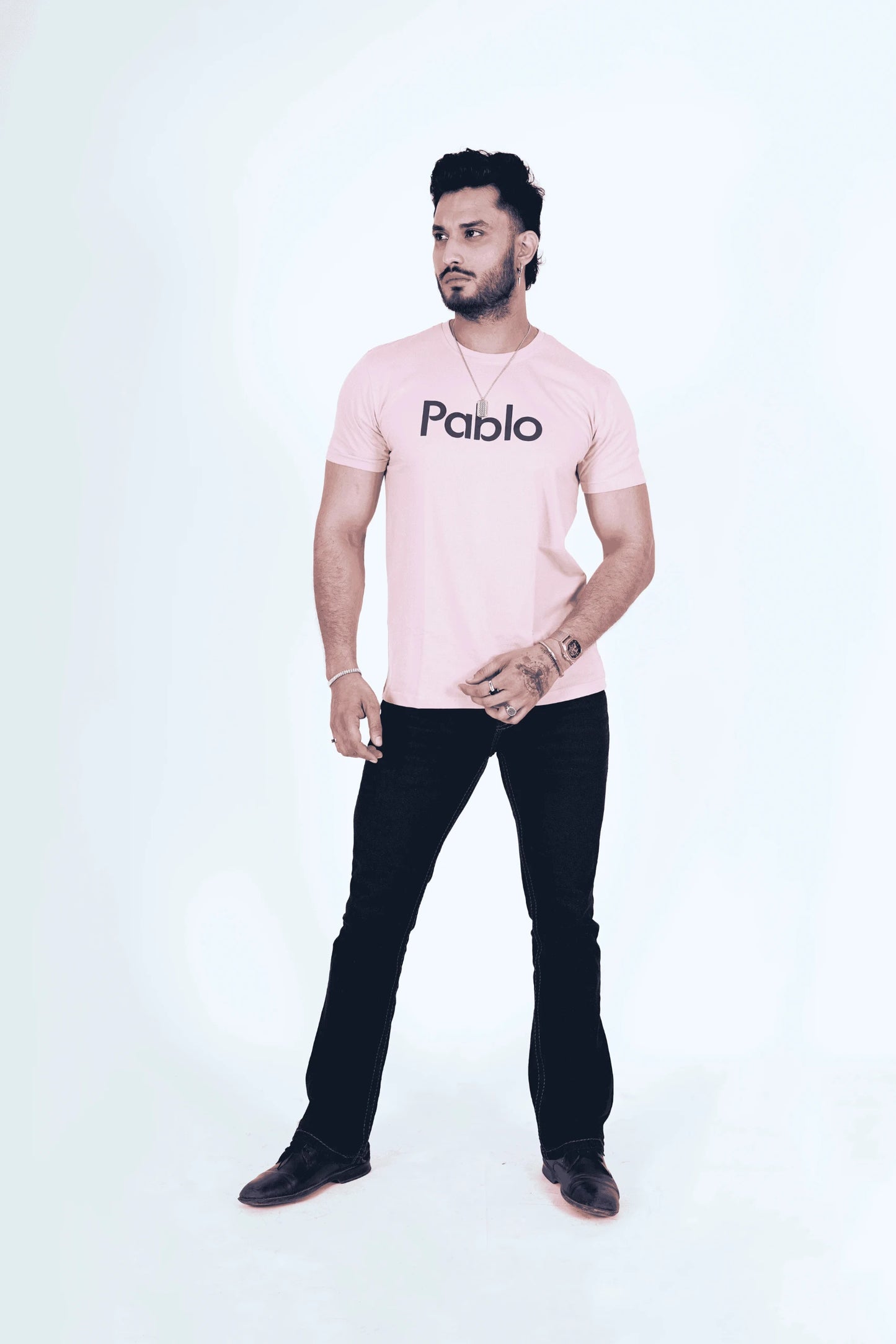 Baby Pink Round Neck T-Shirt – Stylish Navy Blue Print Casual Tee