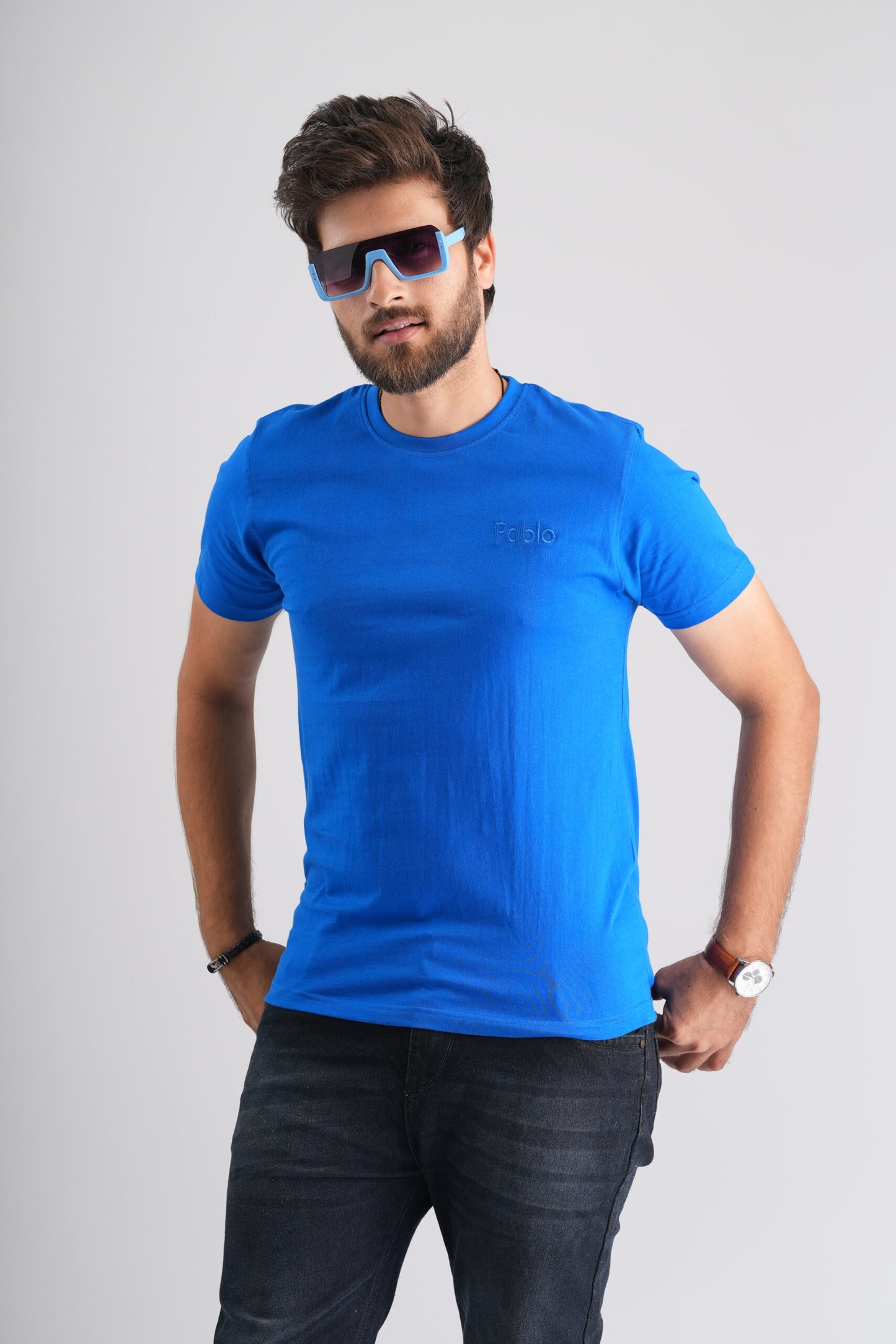 Blue Round Neck T-Shirt – Stylish 'Pablo' Embroidery for a Trendy Look