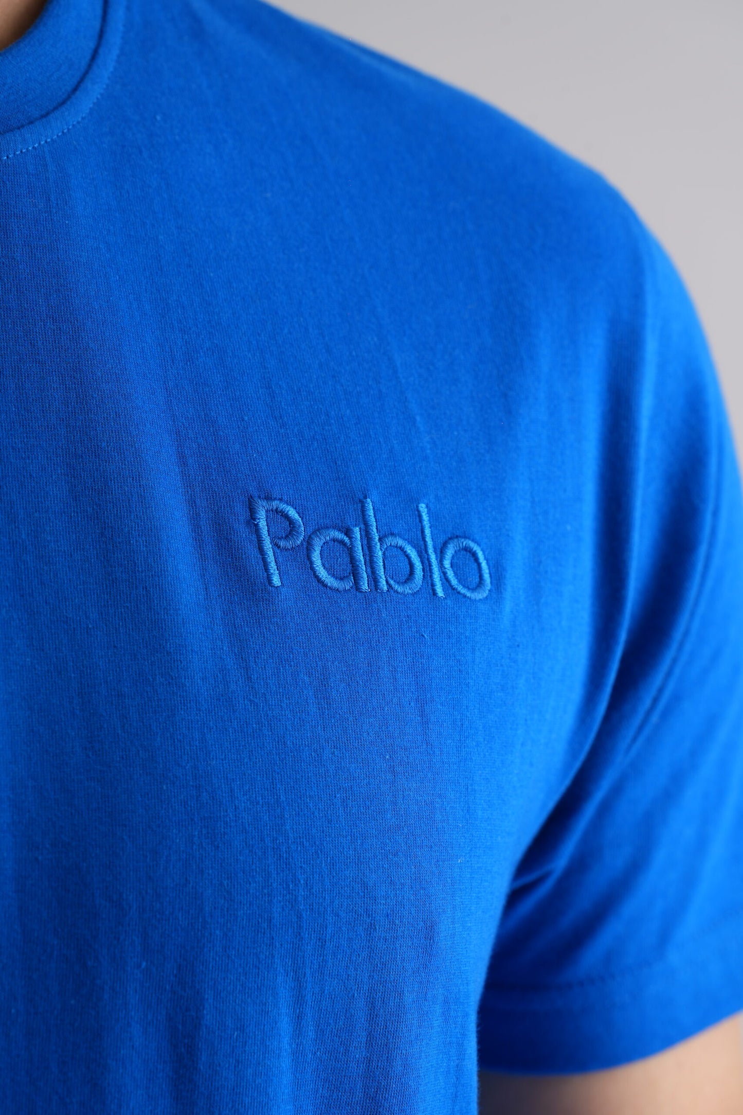 Blue Round Neck T-Shirt – Stylish 'Pablo' Embroidery for a Trendy Look