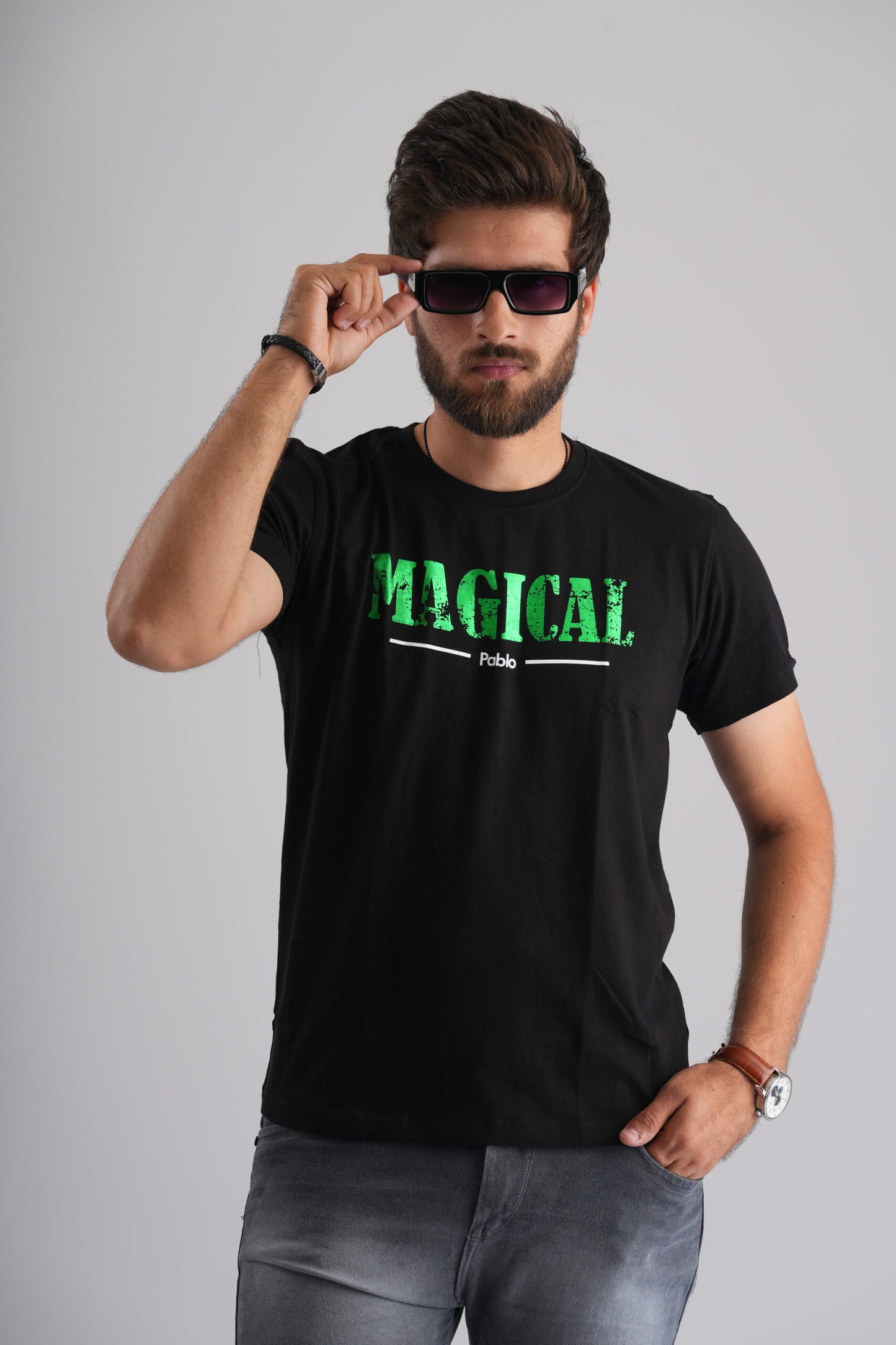 Black Party-Wear T-Shirt – Enchanting Magical Green Print Design